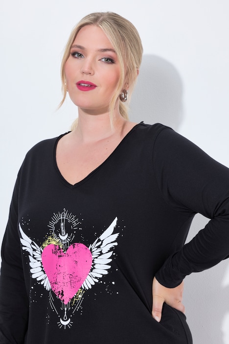 Longsleeve, A-Linie, Herz-Motiv, offenkantige Abschlüsse