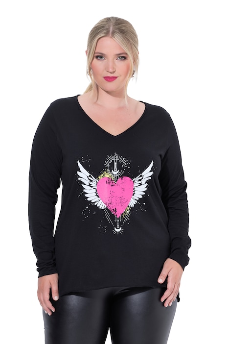 Longsleeve, A-Linie, Herz-Motiv, offenkantige Abschlüsse