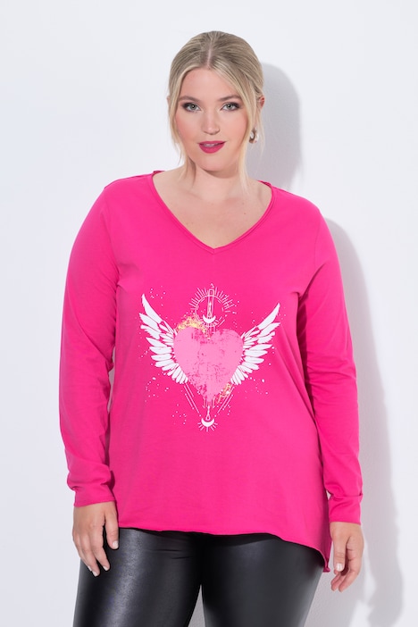 Longsleeve, A-Linie, Herz-Motiv, offenkantige Abschlüsse