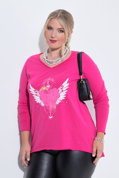 Longsleeve, A-Linie, Herz-Motiv, offenkantige Abschlüsse