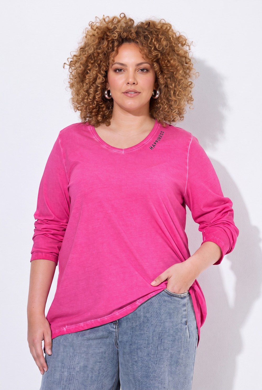 T-shirt met lange mouwen, gebreid detail, A-lijn, V-hals
