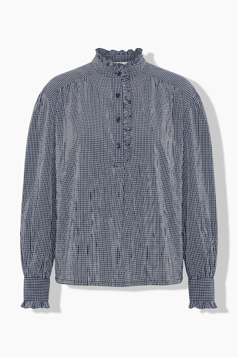 Blouse, Vichy-ruitjes, ruches, opstaande kraag, lange mouwen