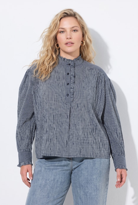 Blouse, Vichy-ruitjes, ruches, opstaande kraag, lange mouwen