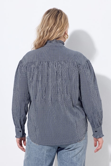 Blouse, Vichy-ruitjes, ruches, opstaande kraag, lange mouwen