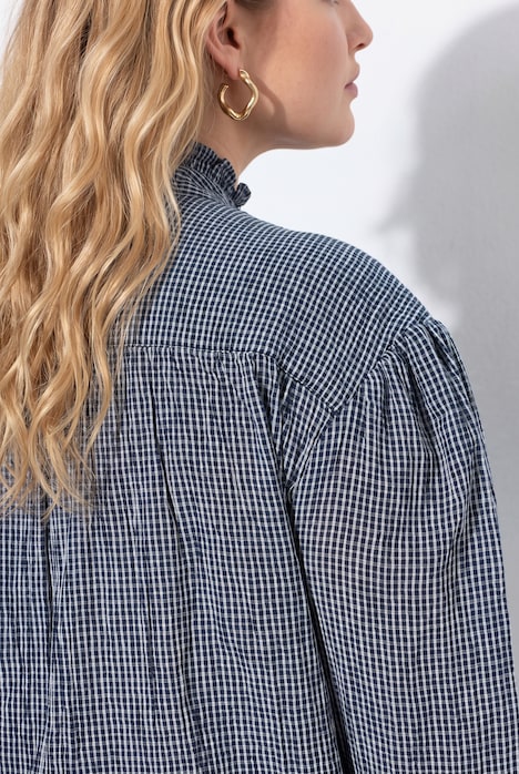 Blouse, Vichy-ruitjes, ruches, opstaande kraag, lange mouwen