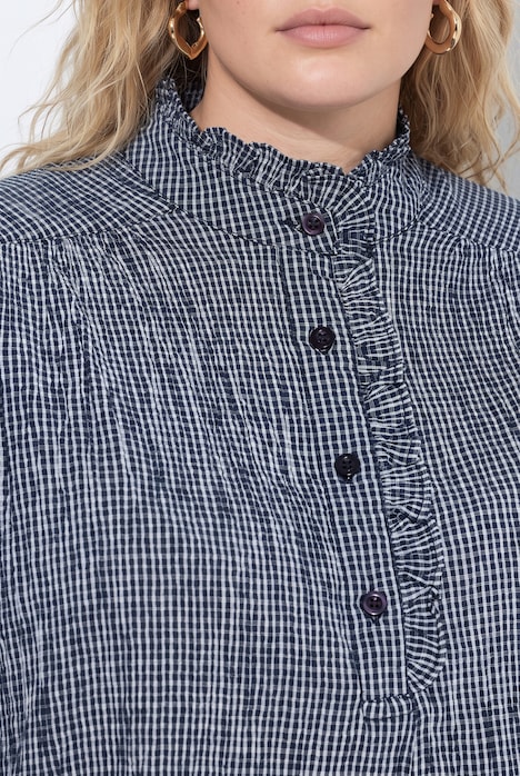 Blouse, Vichy-ruitjes, ruches, opstaande kraag, lange mouwen