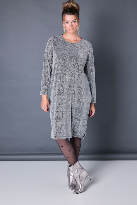 Kleid, oversized, Glitzer-Jersey, Langarm, Seitenschlitze