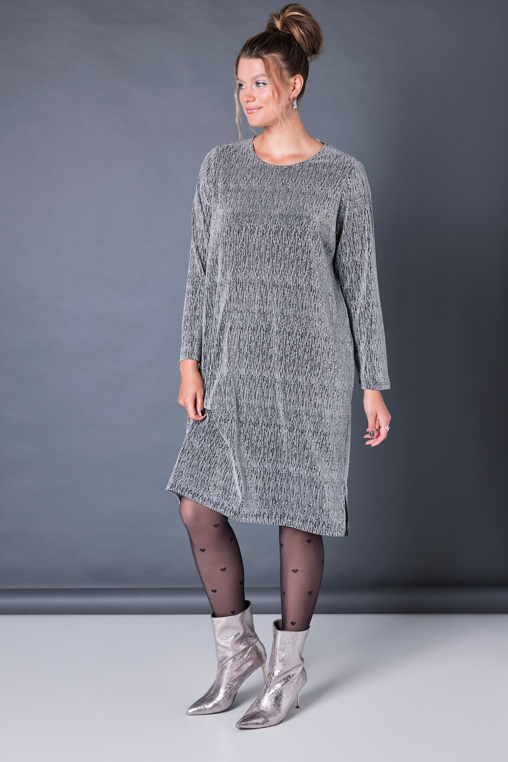 Jurk, oversized, glitterjersey, lange mouwen, zijsplitten
