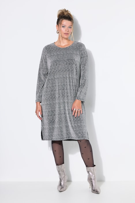 Kleid, oversized, Glitzer-Jersey, Langarm, Seitenschlitze