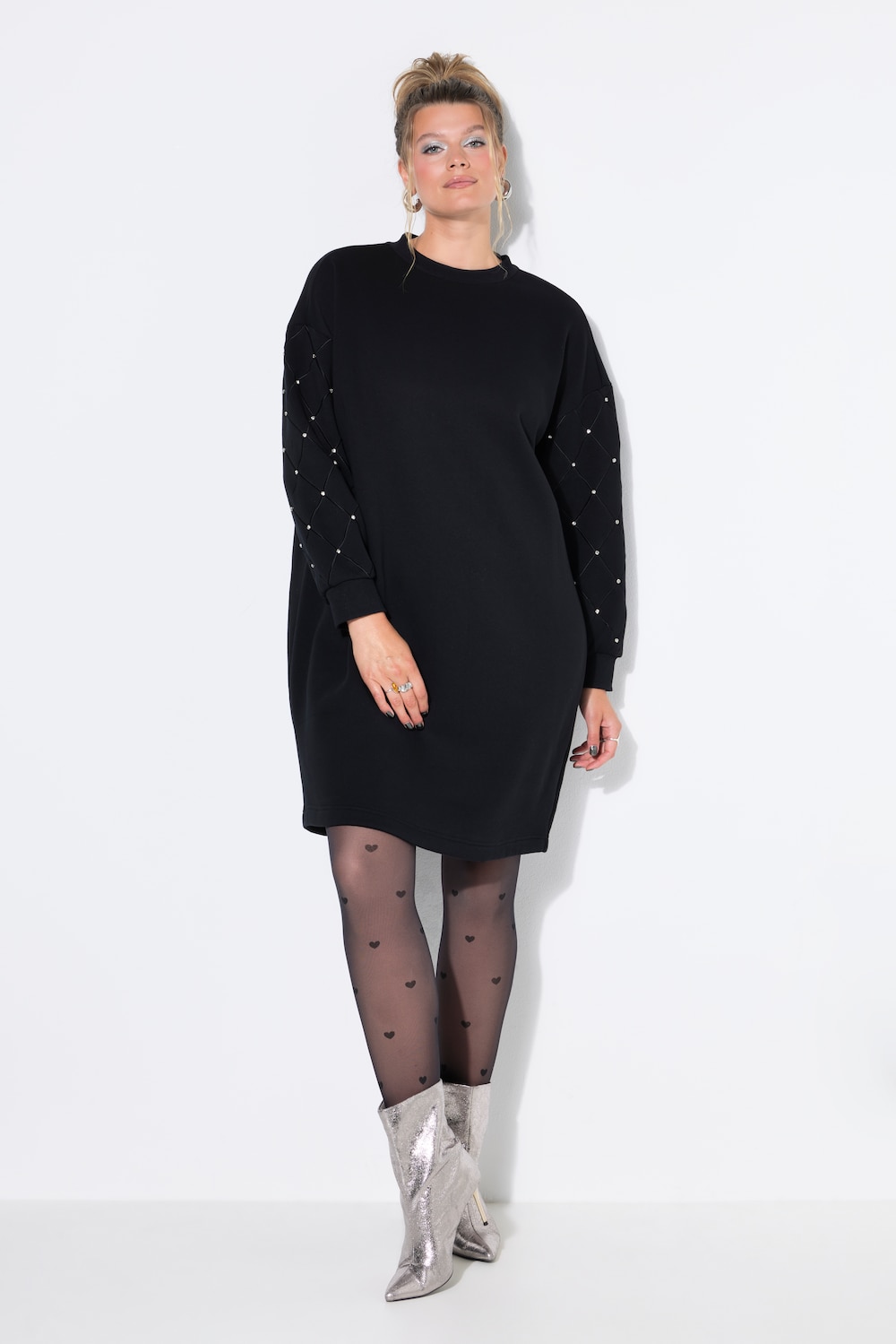 Sweatjurk, oversized, wijde lange mouwen met siersteentjes