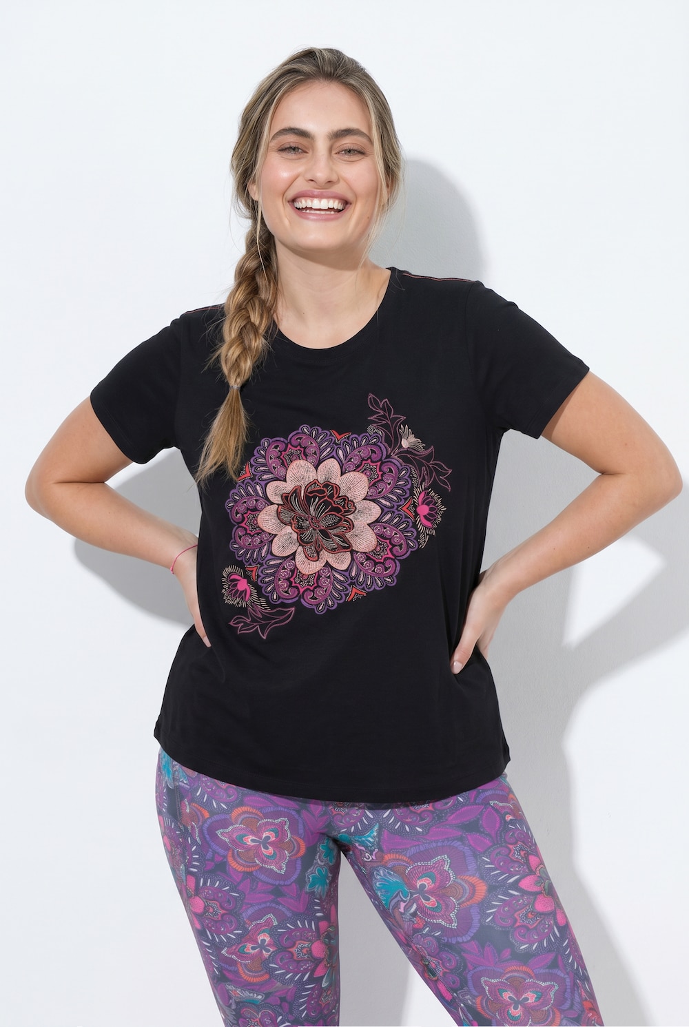 Funktions-Shirt, Blumenmotiv, Rundhals, Halbarm