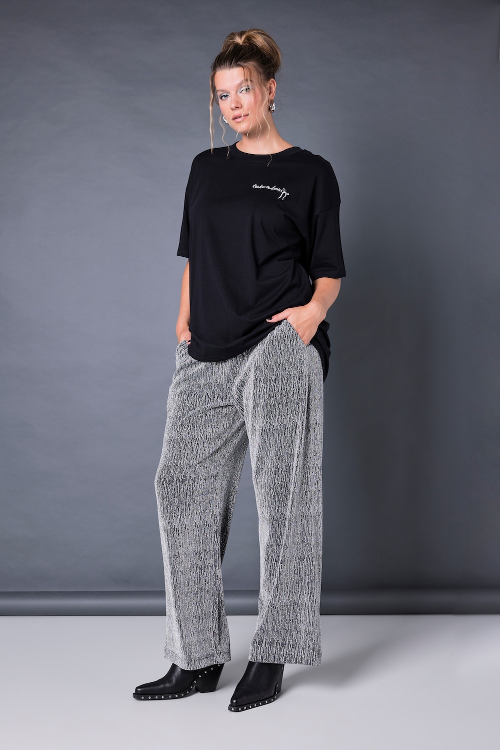 Strukturhose, Wide Legs, Glitzer-Jersey, Elastikbund