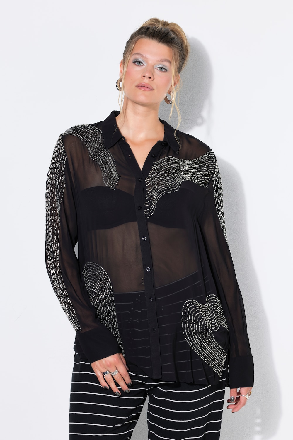 Hemdbluse, Straight Shape, transparent, XL Zierperlen-Muster