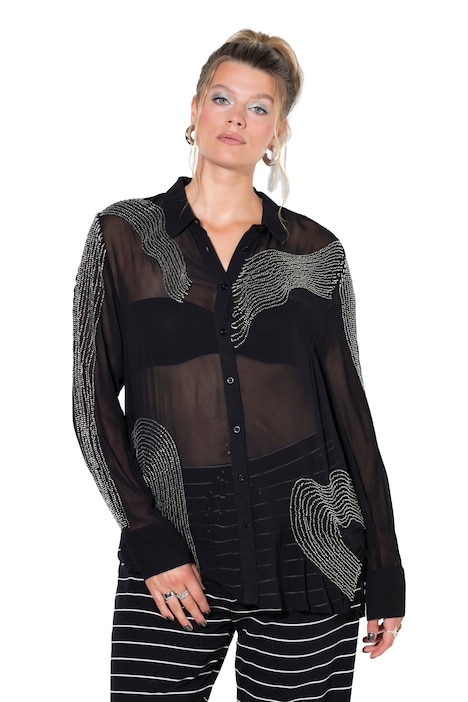 Hemdbluse, Straight Shape, transparent, XL Zierperlen-Muster