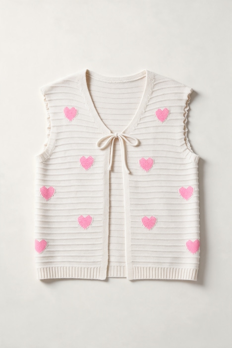 Gilet en maille sans manches, coupe Classic Fit, rayures et cœurs, ruban en guise de fermeture