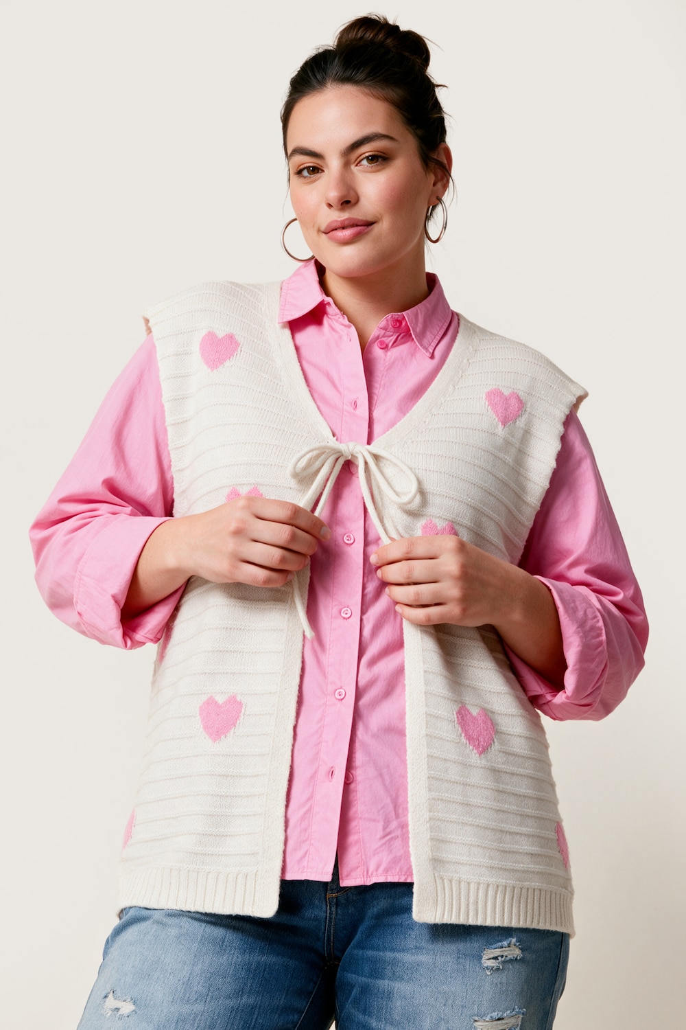 Strickweste, Classic Fit, Ringel, Herzen, Schleifen-Verschluss