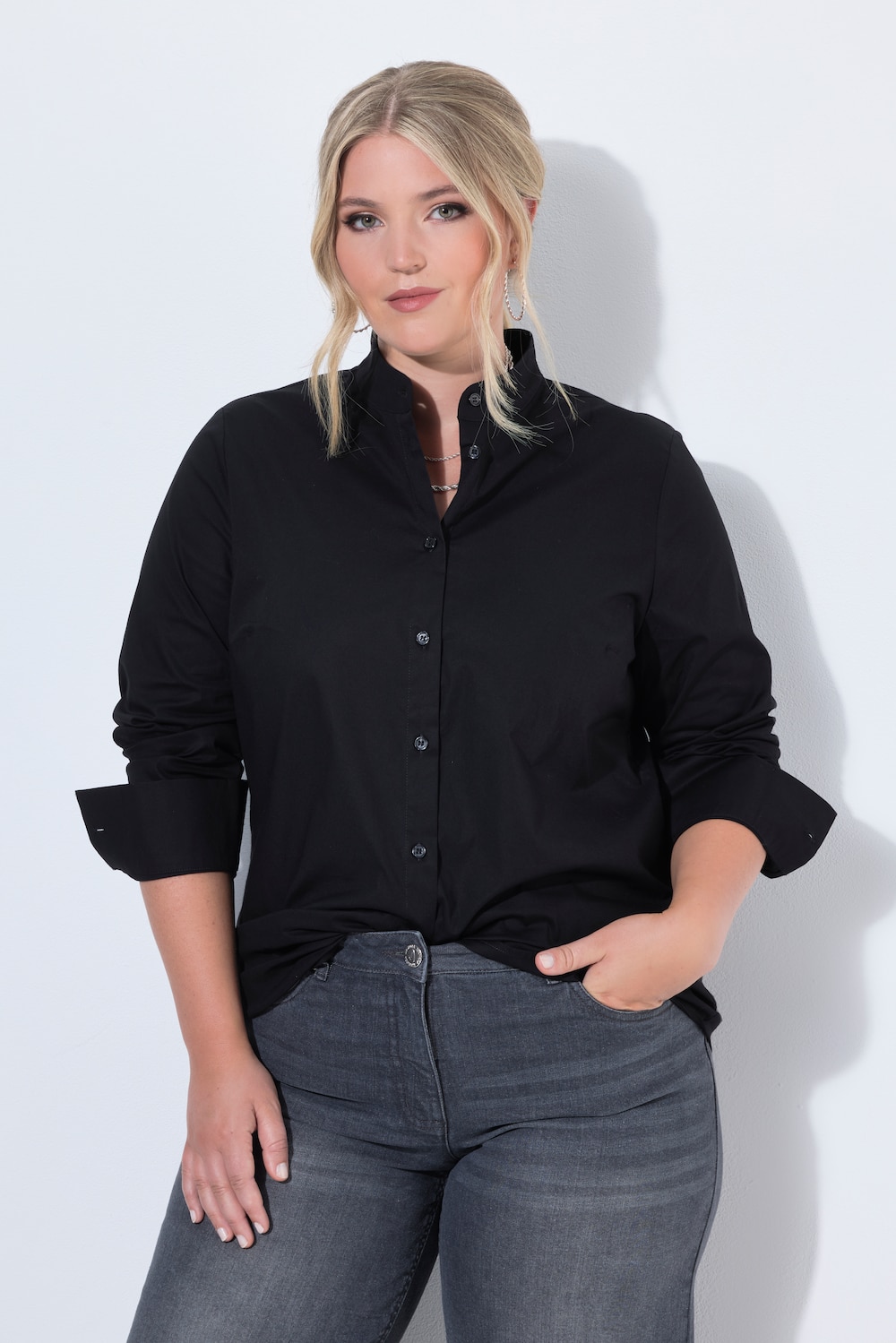 Skjortebluse, poplin, opretstående krave, langærmet