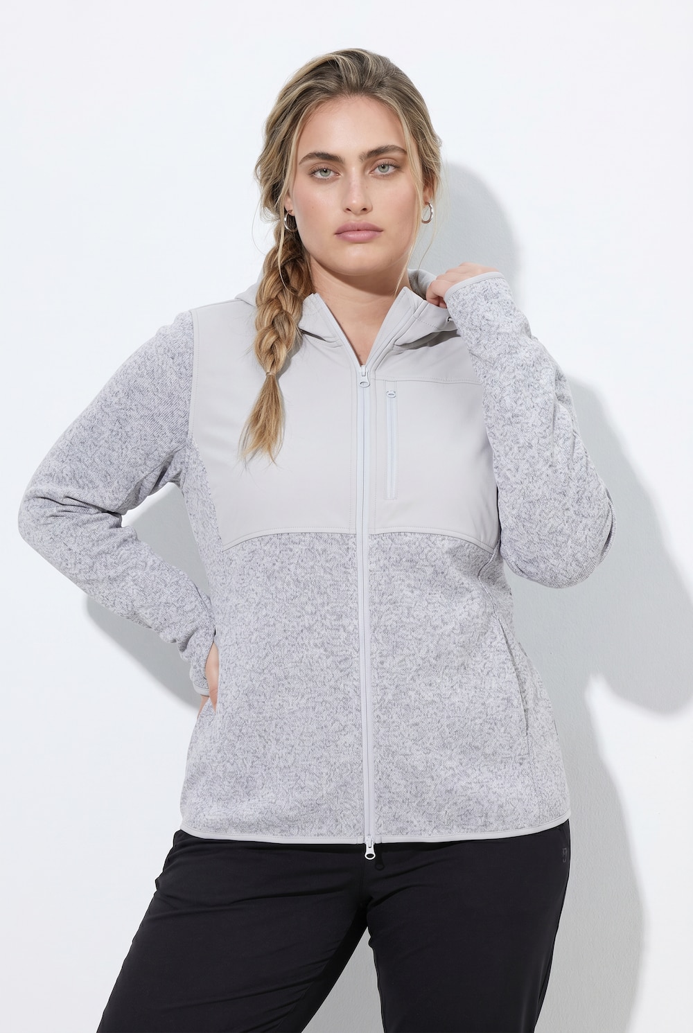Strickfleece-Jacke, Softshell-Besatz, Kapuze, Langarm