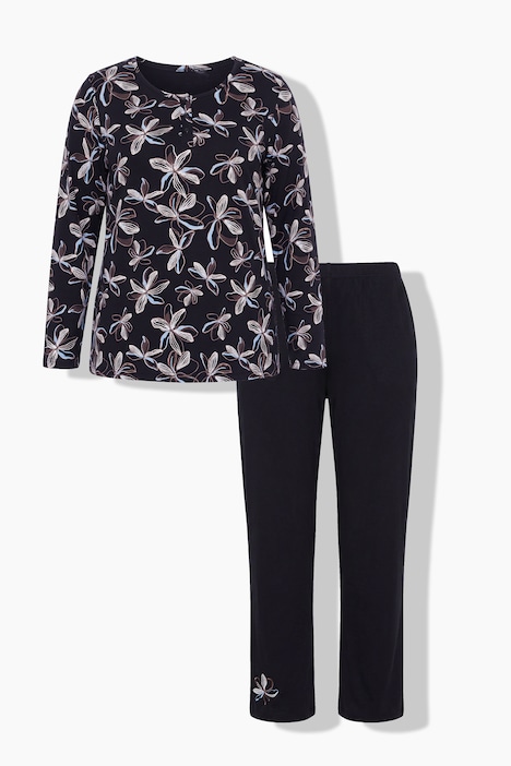 Pyjama, Blüten, Henley-Ausschnitt, Langarm