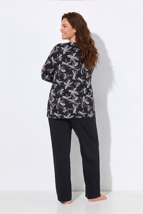 Pyjama, Blüten, Henley-Ausschnitt, Langarm