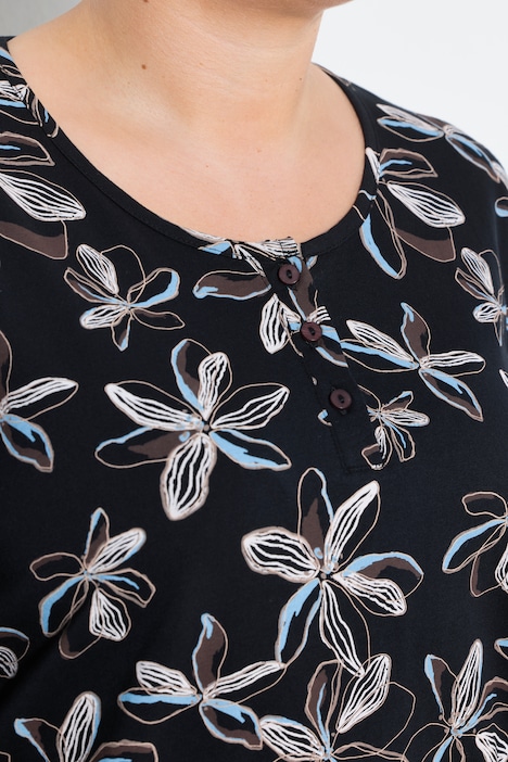 Pyjama, Blüten, Henley-Ausschnitt, Langarm