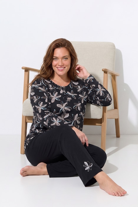 Pyjama, Blüten, Henley-Ausschnitt, Langarm