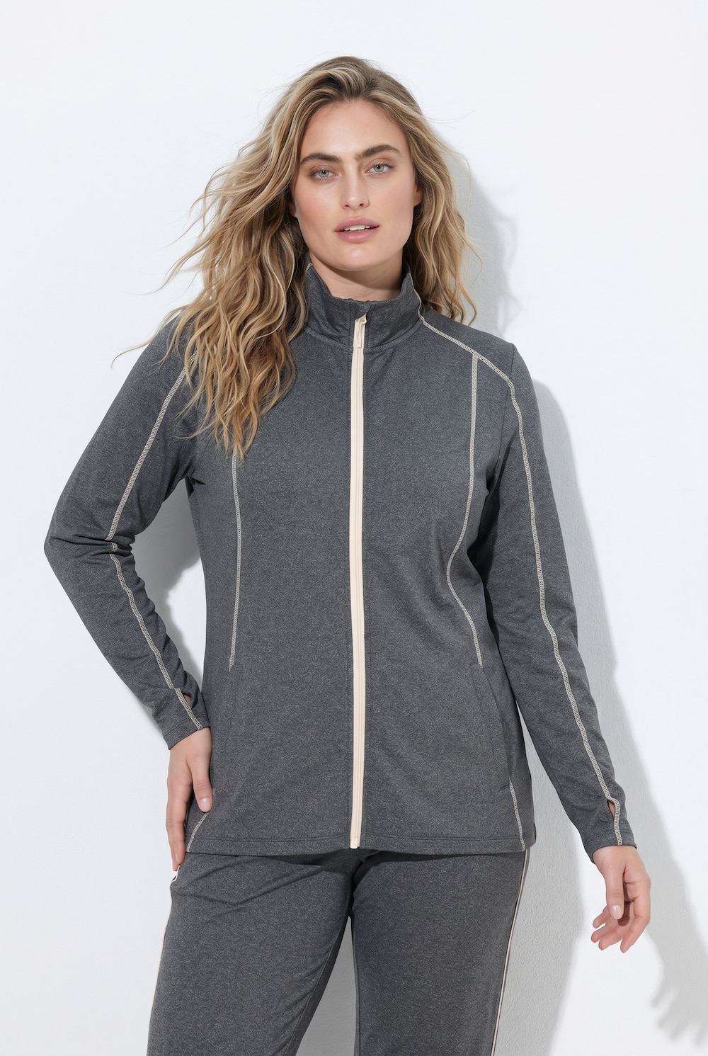 Sweatjacke, Ziernähte, Stehkragen, Langarm, Daumenloch