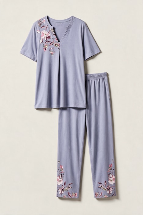 Pyjama, Zweiteiler, Magnolia-Motive, Tunika-Ausschnitt