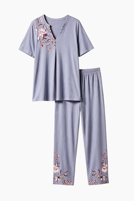 Pyjama, Zweiteiler, Magnolia-Motive, Tunika-Ausschnitt