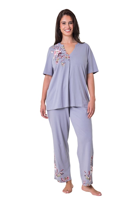 Pyjama, Zweiteiler, Magnolia-Motive, Tunika-Ausschnitt
