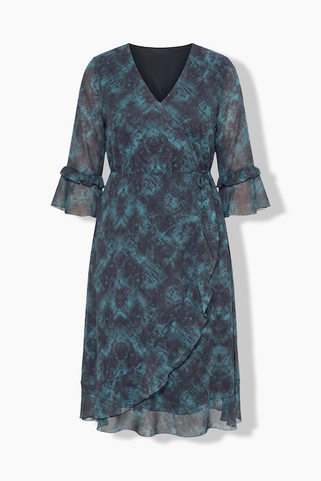 Chiffonkleid, A-Linie, Wickeloptik, Midilänge, Volants