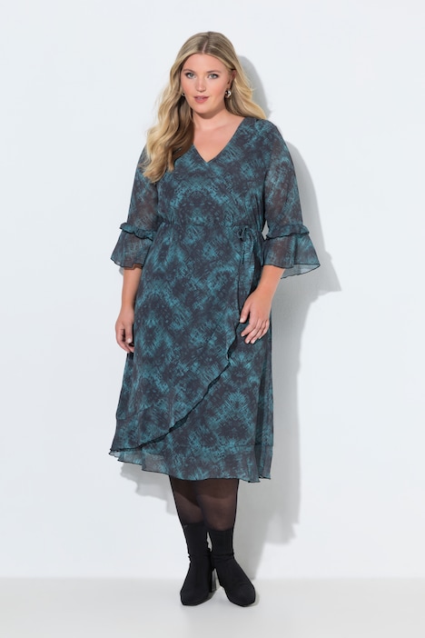Chiffonkleid, A-Linie, Wickeloptik, Midilänge, Volants
