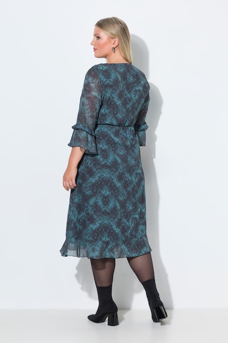 Chiffonkleid, A-Linie, Wickeloptik, Midilänge, Volants