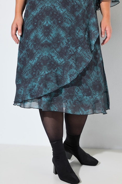 Chiffonkleid, A-Linie, Wickeloptik, Midilänge, Volants