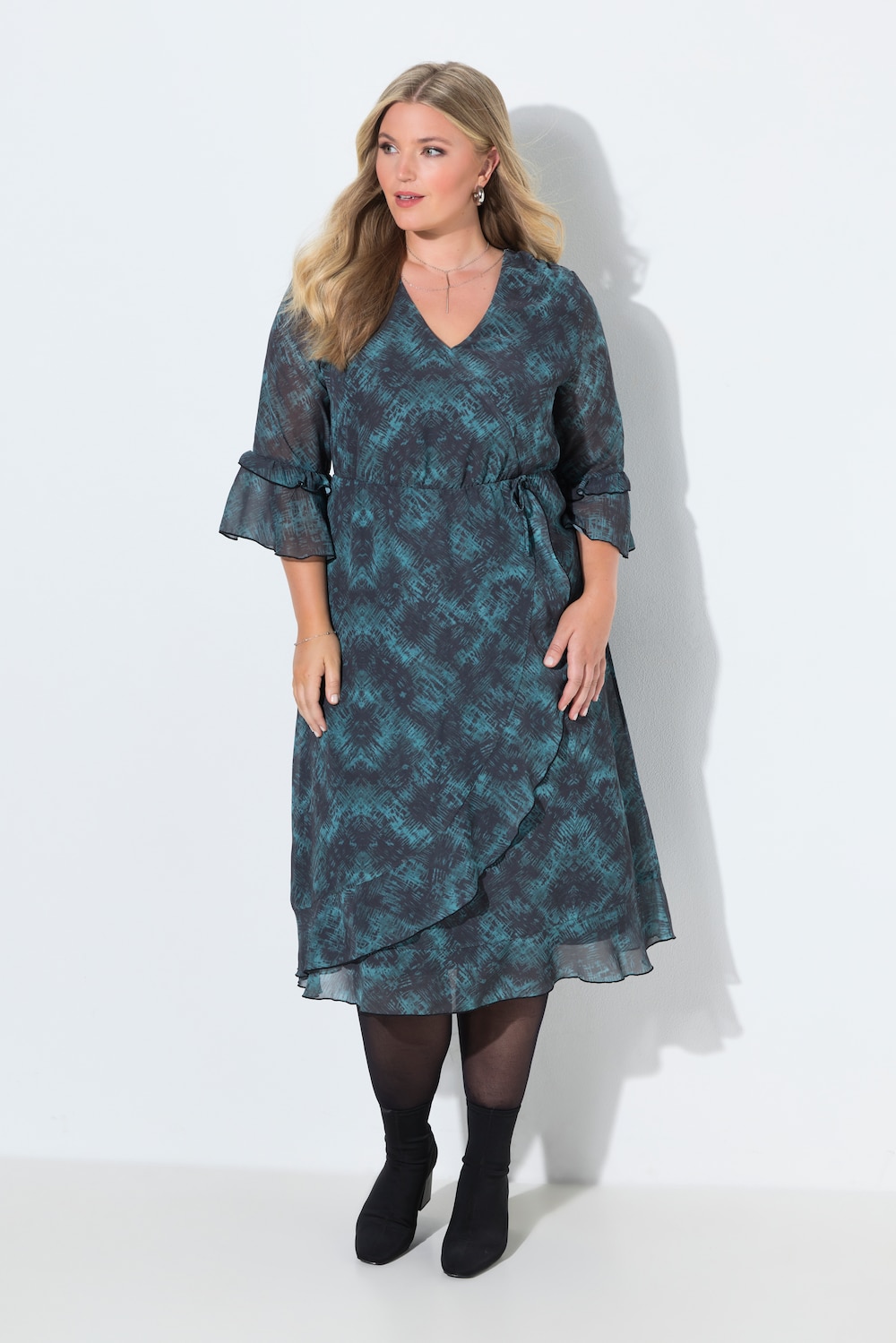 Chiffonkleid, A-Linie, Wickeloptik, Midilänge, Volants