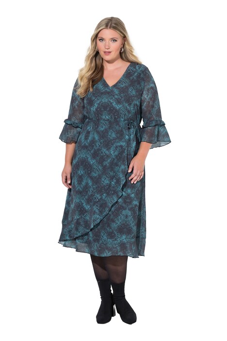 Chiffonkleid, A-Linie, Wickeloptik, Midilänge, Volants