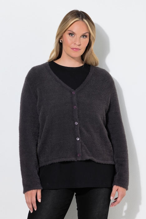 Cardigan, kort komfortpassform, fluffy strikk, lange ermer