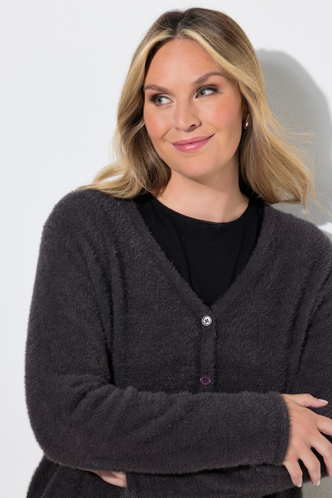 Cardigan, kort komfortpassform, fluffy strikk, lange ermer