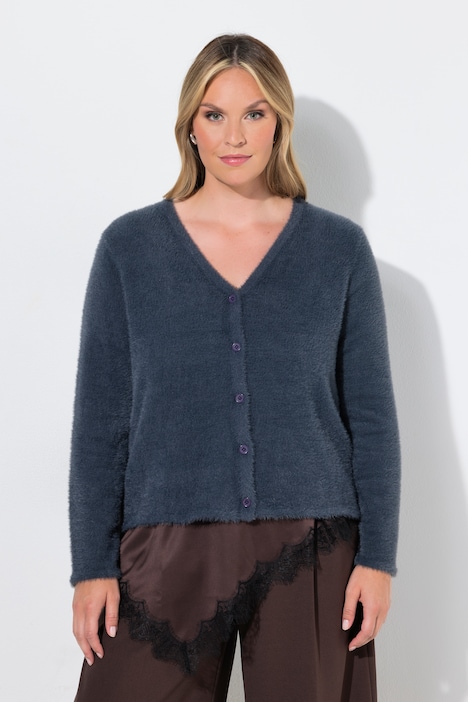 Cardigan, kort komfortpassform, fluffy strikk, lange ermer