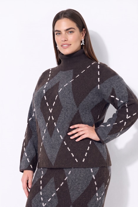 Pull coupe évasé, motif losanges argyle et manches longues