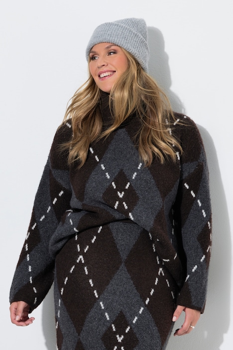 Pull coupe évasé, motif losanges argyle et manches longues