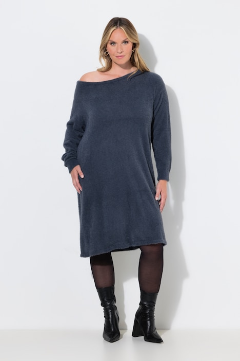 Gebreide midi-jurk, loose fit, wijde U-boothals