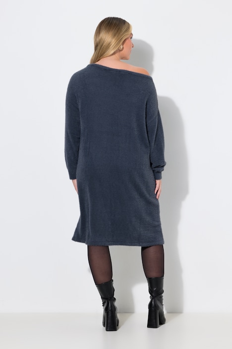 Gebreide midi-jurk, loose fit, wijde U-boothals