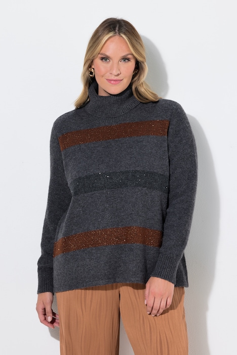 Pull coupe évasée, larges rayures pailletées et col roulé