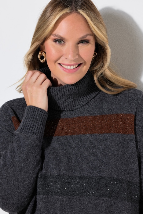Pull coupe évasée, larges rayures pailletées et col roulé