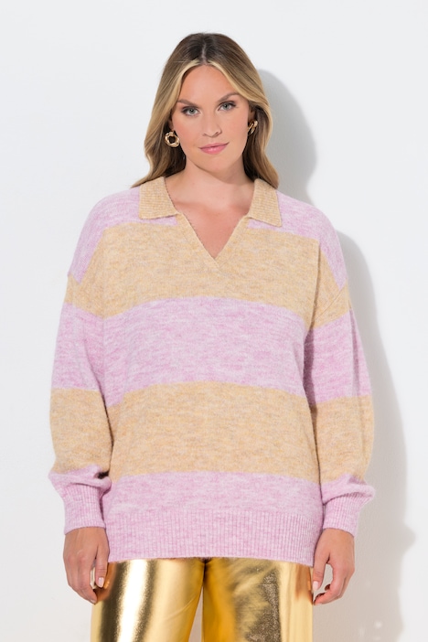 Polo-Pullover, Boxy Fit, Blockstreifen, Ballon-Langarm