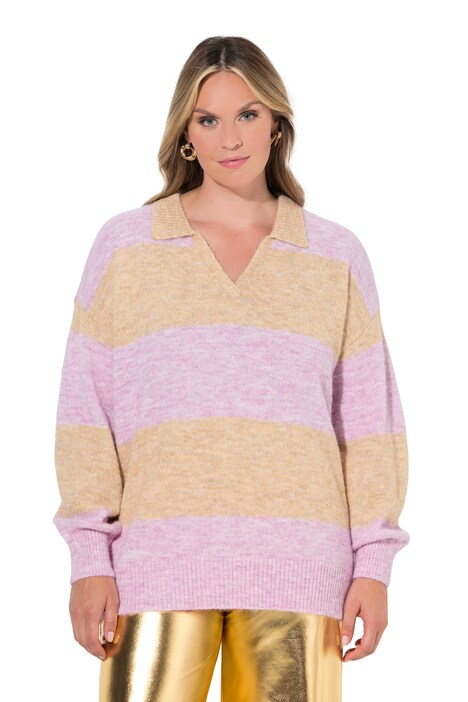 Polo-Pullover, Boxy Fit, Blockstreifen, Ballon-Langarm