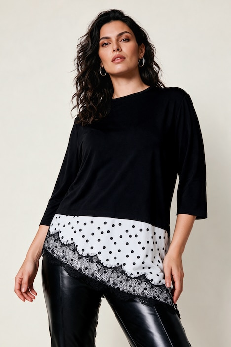 T-Shirt, Regular Fit, Punkten, asymmetrischer Saum, Spitze