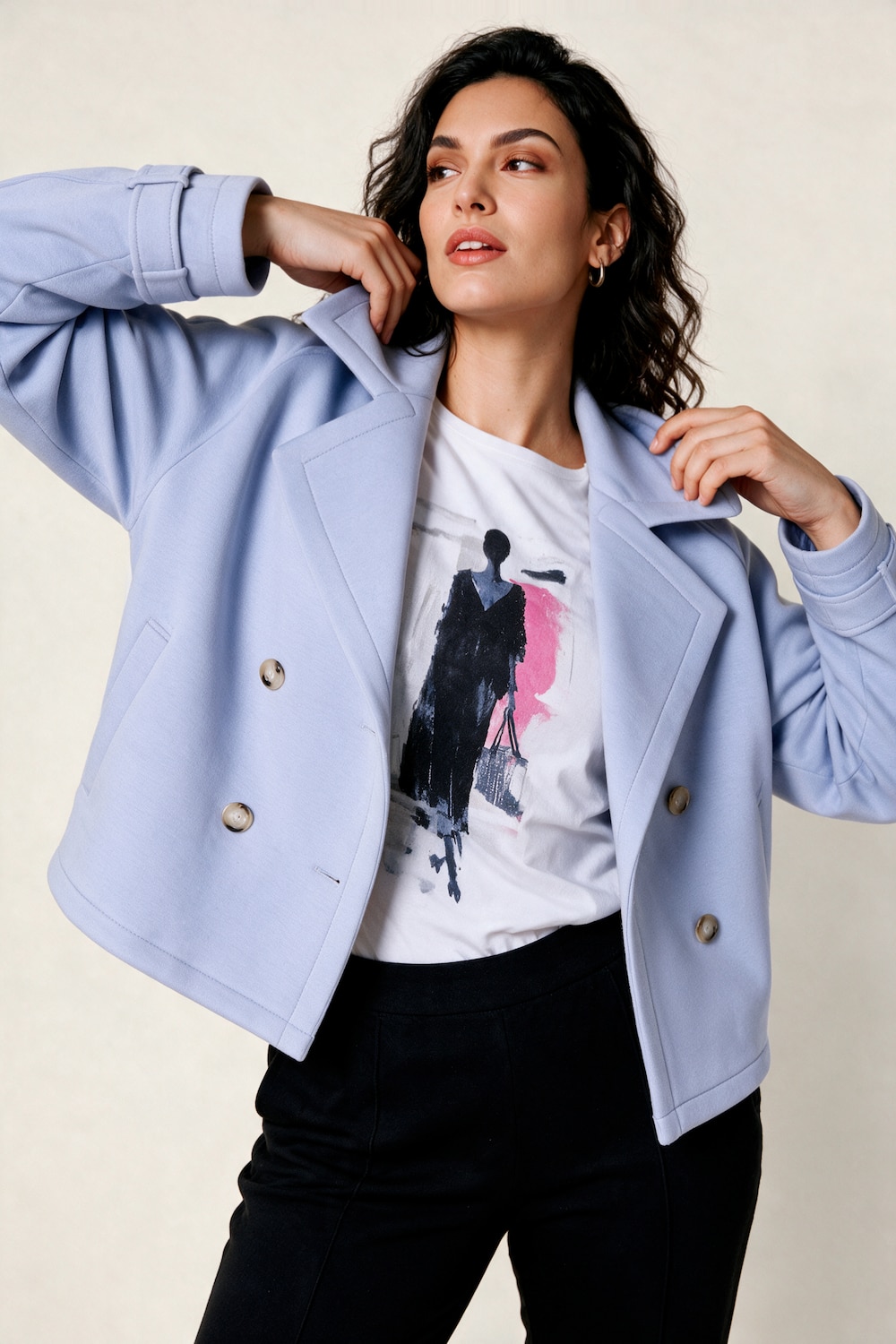 Scuba-Jacke, oversized, Reverskragen, doppelreihige Knopfleiste