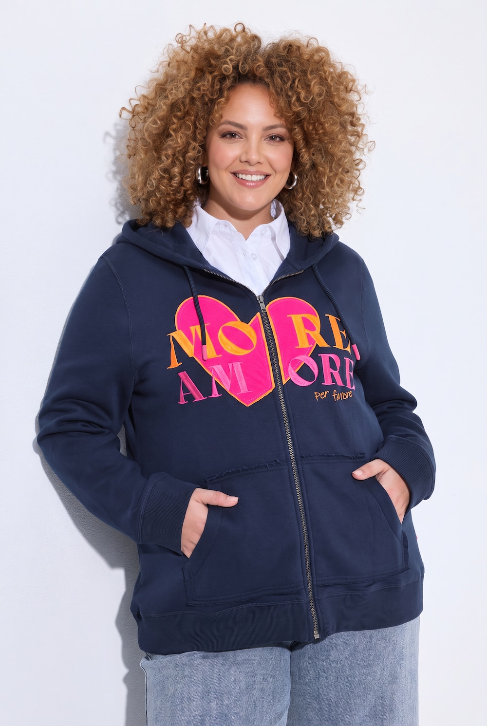 Sweatjacke, Herz, Schriftmotiv, Kapuze, Langarm